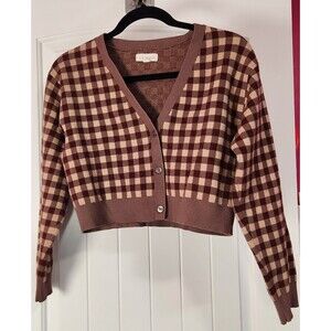 LA Hearts Pacsun Brown & Beige Checkered Cropped Sweater Cardigan Size Small